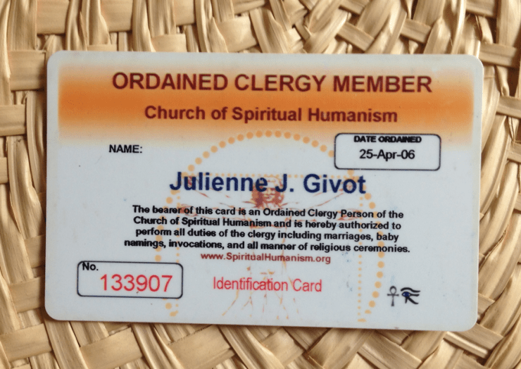 Ordained Clergy Member card for the Church of Spiritual Humanism for Julienne J. Givot 